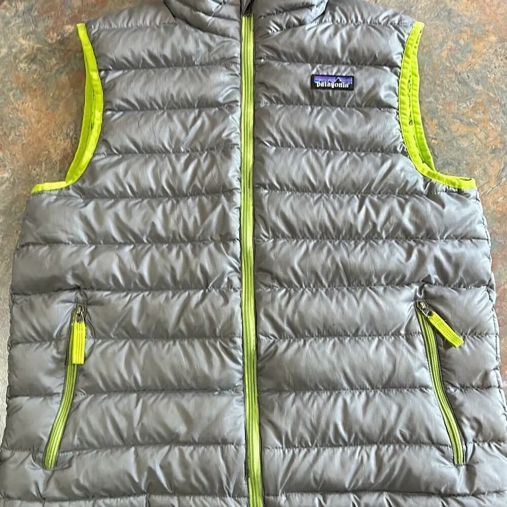 Patagonia Down Puffer Vest Kids XL 14 Grey Lime Green